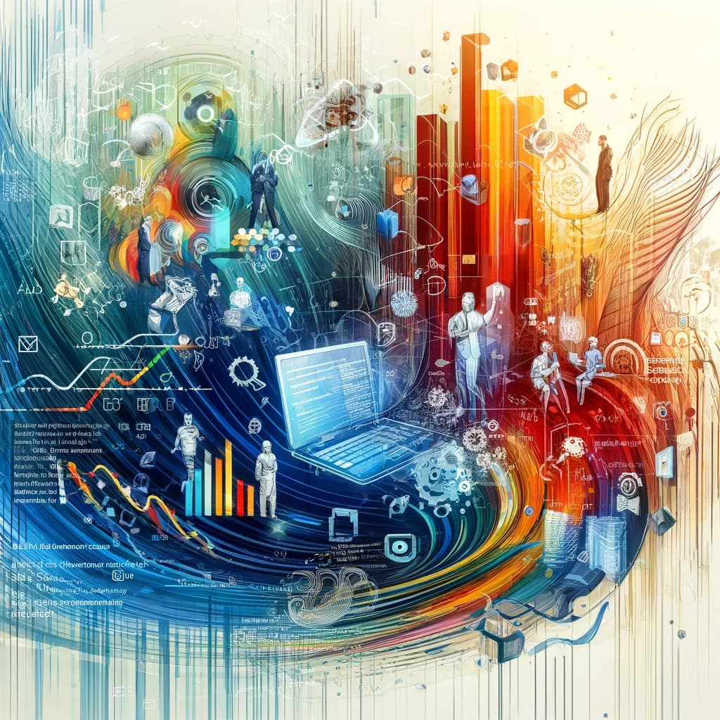 Représentation abstraite du développement web et la stratégie commerciale. On y voit un ordinateur portable ouvert avec des lignes de code à l'écran, entouré de figures humaines stylisées en pleine discussion. Des graphiques de croissance, des diagrammes et des symboles technologiques se mêlent dans une explosion de couleurs vives et de formes dynamiques. L'ensemble évoque la complexité et la créativité nécessaires pour développer un site web performant et une stratégie commerciale innovante.