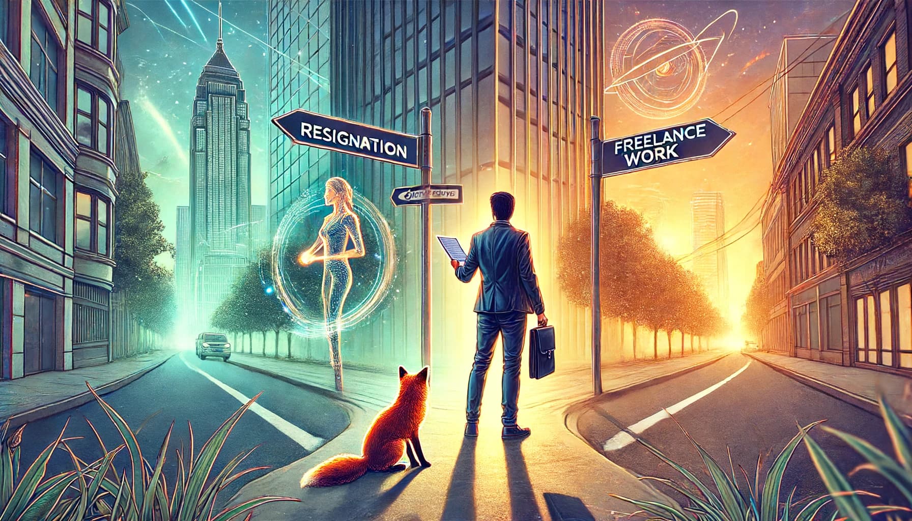 Un individu se tient à un carrefour futuriste, symbolisant une décision de vie majeure. D’un côté, un bâtiment de bureaux moderne, de l’autre, un environnement de travail freelance dynamique et vibrant. La personne, confiante et déterminée, tient une lettre de démission dans une main et un portfolio de freelance dans l’autre. Un renard, symbole d’agilité et d’intelligence, se trouve à proximité, ajoutant une touche symbolique à la scène. L’éclat doux du lever du soleil illumine l’ensemble, évoquant un nouveau départ.