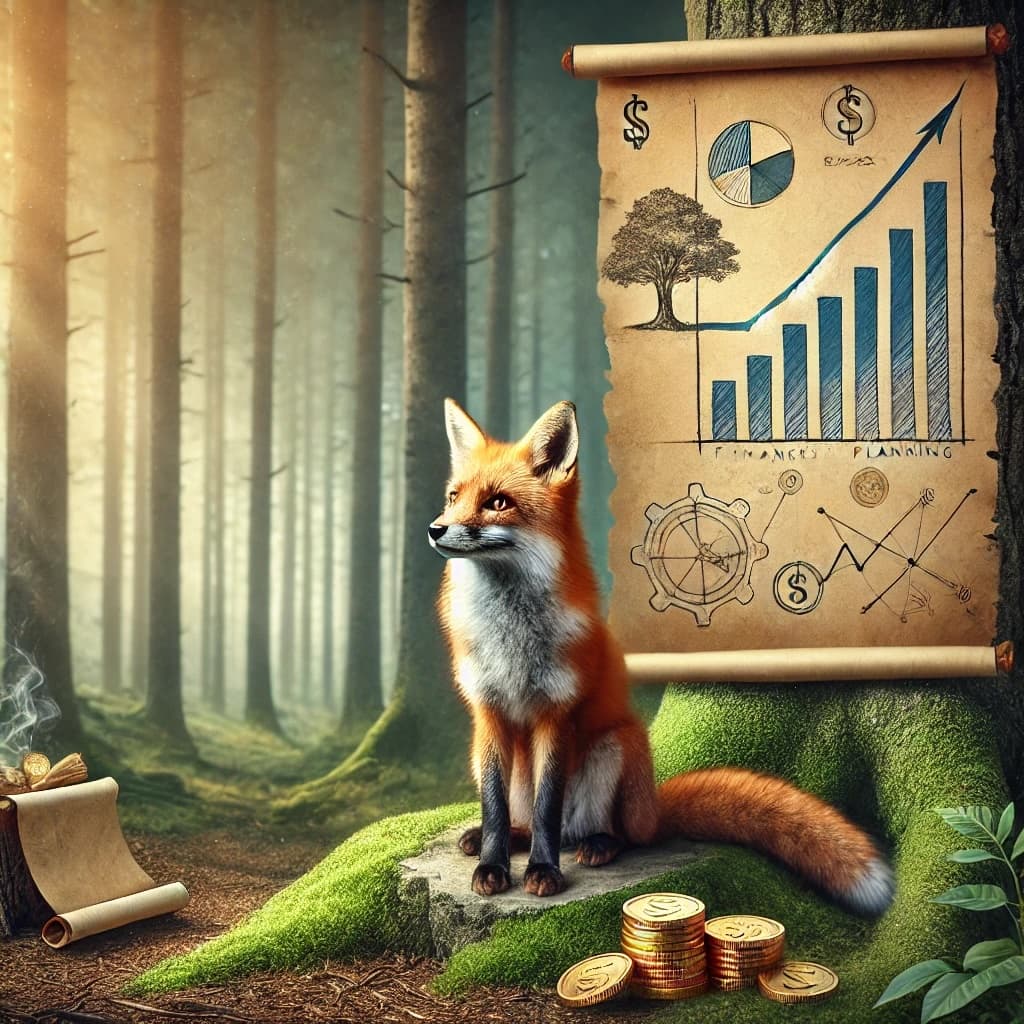 L’image montre un renard astucieux assis sur un rocher dans une forêt luxuriante. Le renard a une expression réfléchie et attentive. En arrière-plan, on peut voir un graphique gravé sur un arbre, des pièces d’or dispersées sur le sol, et un parchemin avec des esquisses de planification financière. Les arbres et les plantes environnants créent une ambiance naturelle et sereine, tandis que les éléments subtils rappellent le thème de la stratégie et de la gestion financière.