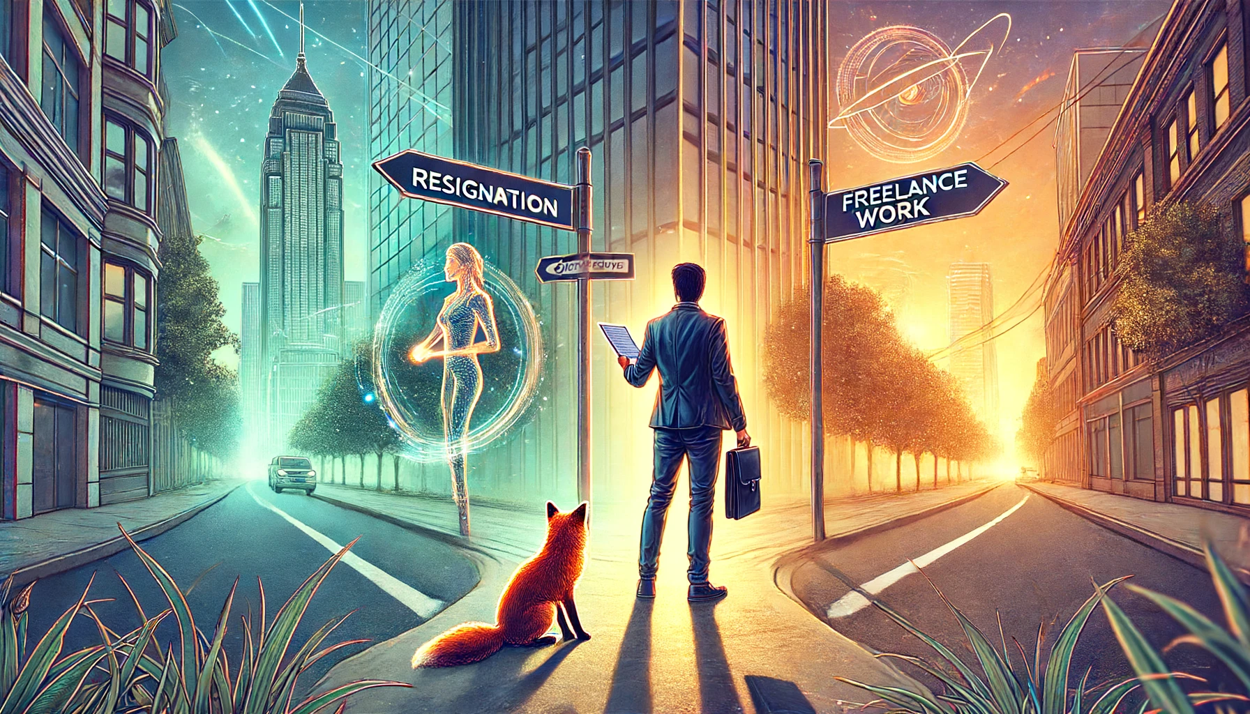 Un individu se tient à un carrefour futuriste, symbolisant une décision de vie majeure. D’un côté, un bâtiment de bureaux moderne, de l’autre, un environnement de travail freelance dynamique et vibrant. La personne, confiante et déterminée, tient une lettre de démission dans une main et un portfolio de freelance dans l’autre. Un renard, symbole d’agilité et d’intelligence, se trouve à proximité, ajoutant une touche symbolique à la scène. L’éclat doux du lever du soleil illumine l’ensemble, évoquant un nouveau départ.